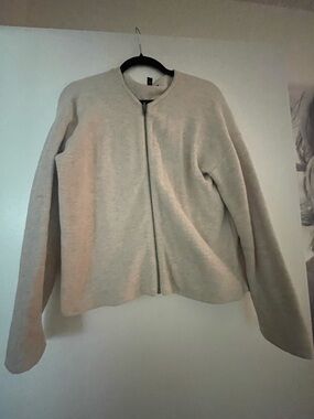 Eileen Fisher Soft Cream Zip-Front Organic Cotton sweater.